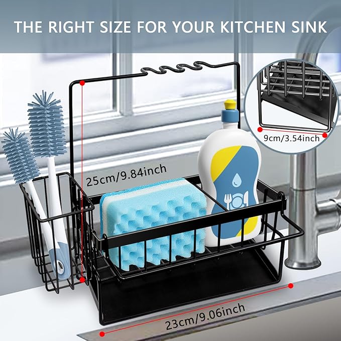 Yazoni Sponge Holder for Kitchen Sink, Rustproof Kitchen Sink Organizer Countertop Holder with High Brush Holder, Multifunctional Soap Dispenser Kitchen Organizers and Storage Essentials