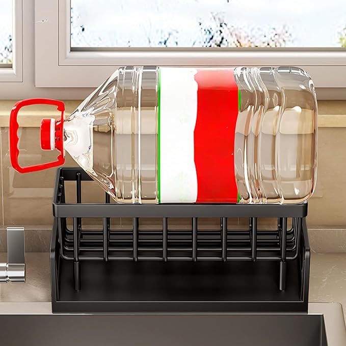 Sponge Kitchen Sink Caddy Organizer Brush Sink Sponge with Auto Draining Tray, Self Drain Dish Soap Caddy, 9.05" Lx4.33 Wx3.93 H (Black,)