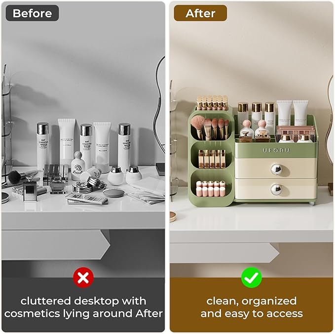 Makeup Organizer for Vanity with Brush Holder, Large Plastic Bathroom Countertop Skincare Organizer with 2 Drawers, Spacious Cosmetic Display Case for Perfumes, Eyeshadow Palettes, Nail Polishes