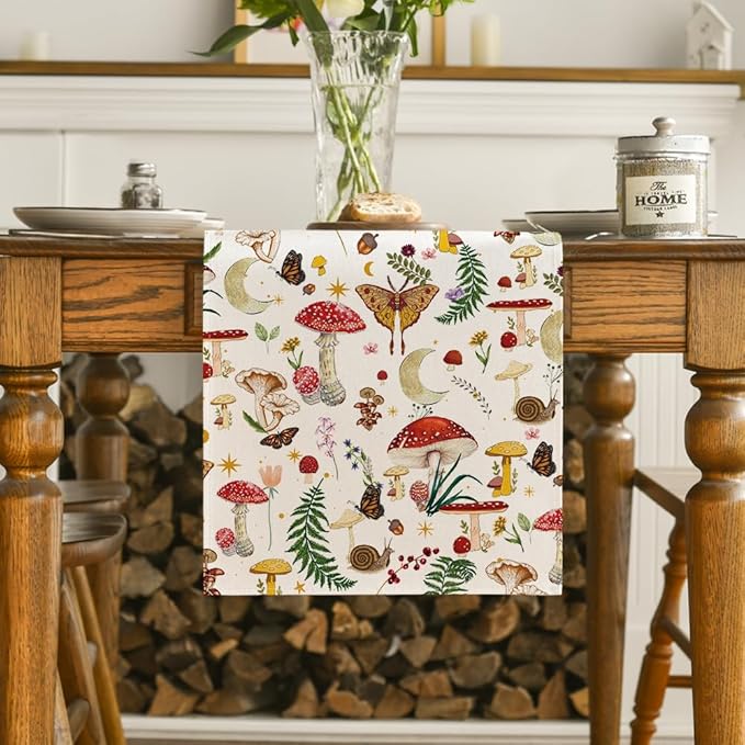Artoid Mode Beige Modern Mushroom Table Runner, Seasonal Botanic Farmhouse Kitchen Dining Table Decoration for Home Party Decor 13x36 Inch