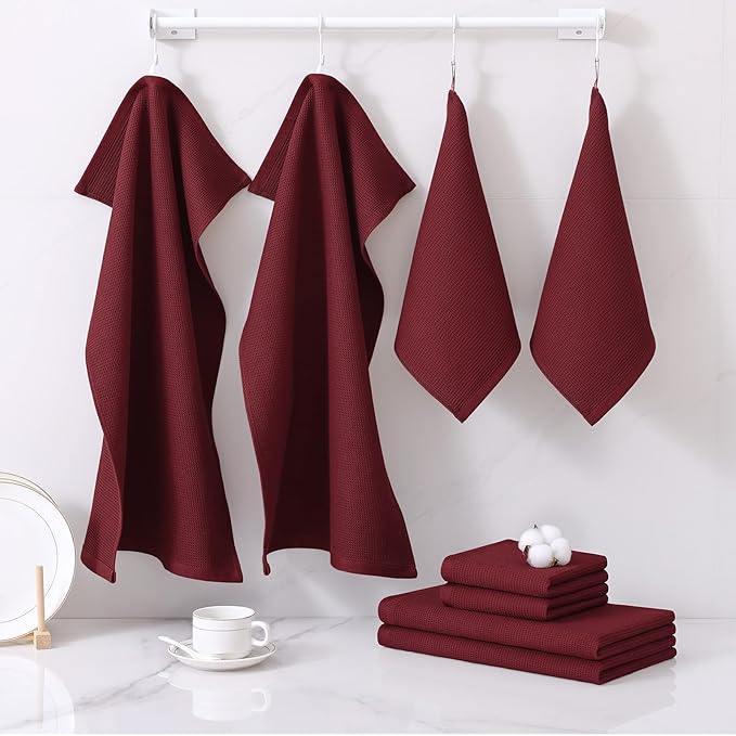 Homaxy 100% Cotton Kitchen Towels and Dishcloths Set - 8 Pack Waffle Weave Soft and Absorbent Dish Towels - 26 X 16 Inch and 12 X 12 Inch - Burgundy