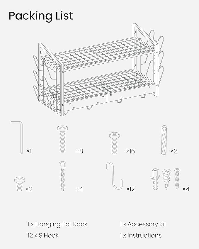 CHOEZON Hanging Pot Rack, Pot Rack Wall Mounted, 2-Tier Kitchen Pot and Lid Organizer, Wall-Mounted Cookware Holder with 12 Hooks, for Kitchen Storage of Pots, Pans, Utensils, Charcoal Black TPR02BC