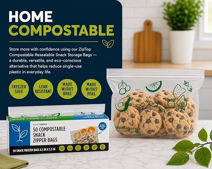 Lunchskins Ziptop Home Compostable & Resealable Freezer-Safe Food Storage Bags, Snack Size, 50 Bags - Eco-Friendly, Made Without PFAS and BPAS