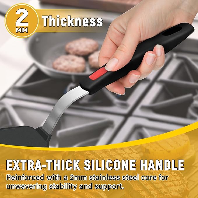 2Pack Flexible Silicone Spatula Turner, Heat Resistant Silicone Turner for Non-Stick Cookware, BPA-Free Kitchen Spatula Utensils, Ideal for Flipping Eggs, Burgers, Pancakes, Black