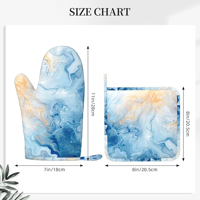 Oven Mitts and Pot Holders Blue Marble Pastel Silicone Kitchen Accessories Set of 2 Heat Resistant Long Gloves Potholder Non-Slip Grip for Chef Cooking Baking Grilling BBQ