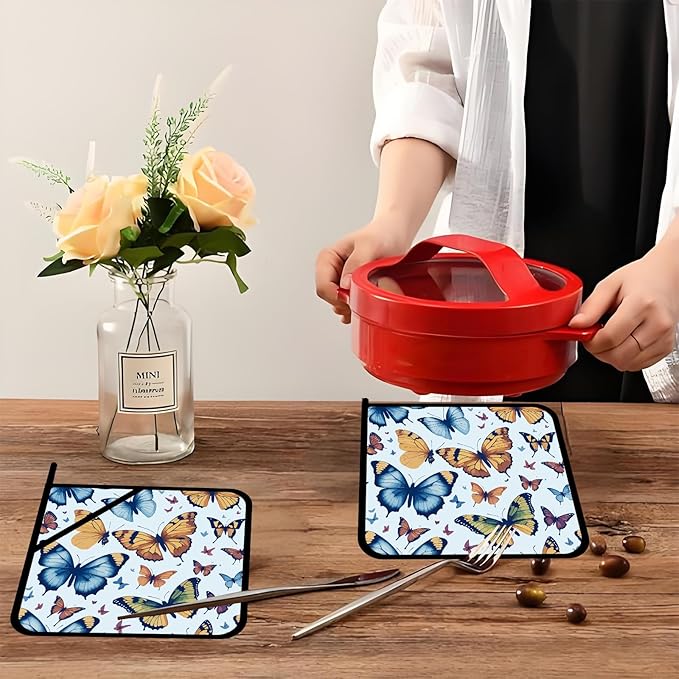 Colorful Cartoon Butterfly Pot Holders 2 PCS,Kitchen Heat Resistant Hot Pads for Cooking Grilling Baking BBQ, Pot Holders for Women Cook Home Microwave