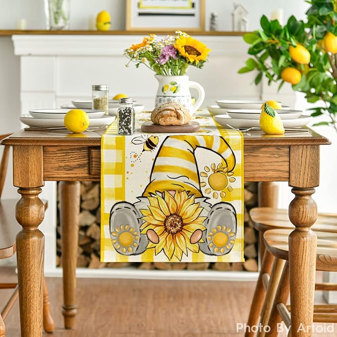 Artoid Mode Yellow Buffalo Plaid Sunflower Gnome Bee Summer Table Runner, Spring Kitchen Dining Table Decoration for Home Party Decor 13x72 Inch