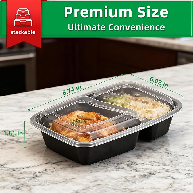 Meal Prep Containers 2 Compartment 30 Pack, 26 oz Divided Reusable Food Storage Containers with Lids Takeout Food Storage Containers Black, Microwave Dishwasher Freezer Safe, Stackable, BPA Free