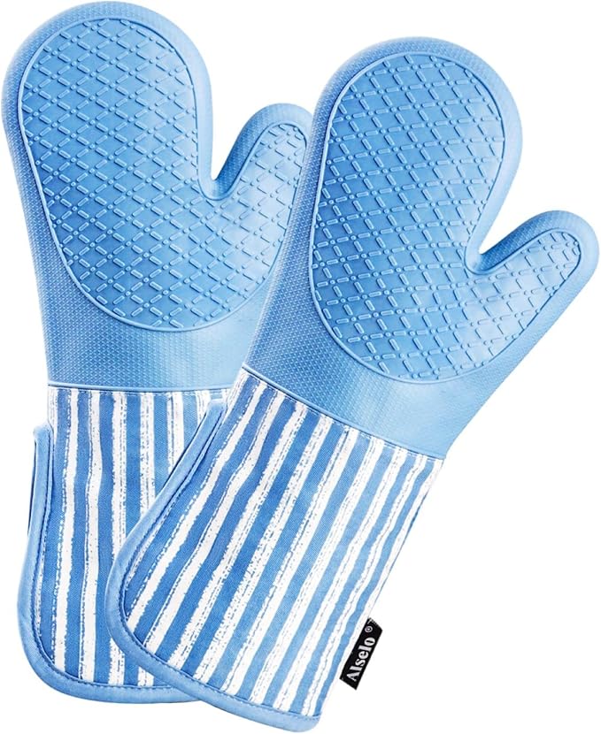 Alselo Silicone Oven Mitts Heat Resistant 932℉ with Waterproof & Non-Slip Kitchen Mittens, Set of 2 Extra Long Oven Gloves with Soft Cotton Terry Lining for Baking Cooking Barbecue (2, Blue Mitts)