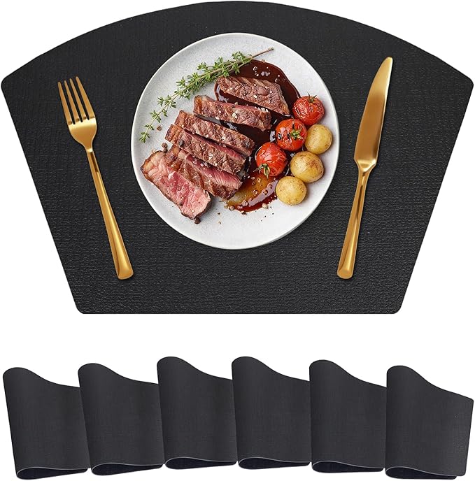 Round Table Placemats Set of 6, Dual-Sided Wedge Shape Faux Leather Table Mats, Washable Wipeable Heat Resistant Place Mats for Outdoor Indoor, Black