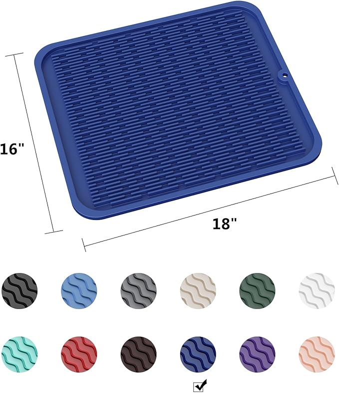 ZLR Large Silicone Dish Drying Mat (16" x 18") - XL Heavy Duty Drainboard Mat for Pots, Pans & Family Loads - Heat Resistant Trivet & Counter Protector, Easy Clean (Midnight Blue)