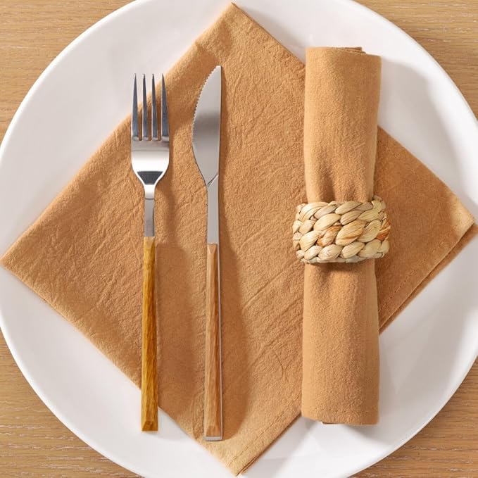 MLMC 8 Pack Caramel Cloth Napkins Rustic Washable Cotton Linen Napkins Set of 8 17"x17" Reusable Dinner Napkins Cloth for Wedding Party Bridal Shower Everyday Use Gathings Decor