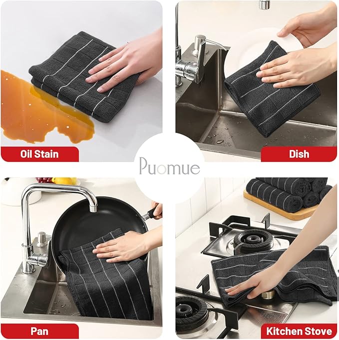 Puomue Microfiber Kitchen Towels and Dishcloths Set, 26 X 18 Inch and 12 X 12 Inch, Set of 12 Bulk Lint Free Dish Towels for Drying Dishes, Black