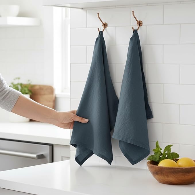 Linen Kitchen Dish Towels – 20” x 27” – 100% Pure Stonewashed Linen Hemstitch Hand Towel/Tea Towel - Set of 2 (Soft Teal Blue)