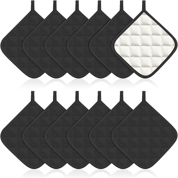 Bokon 12 Pcs Pot Holders for Kitchen, Black Potholders Sets, Heat Resistant Cotton Hot Pad Oven Mitts Trivet with Hanging Loops for Baking Cooking
