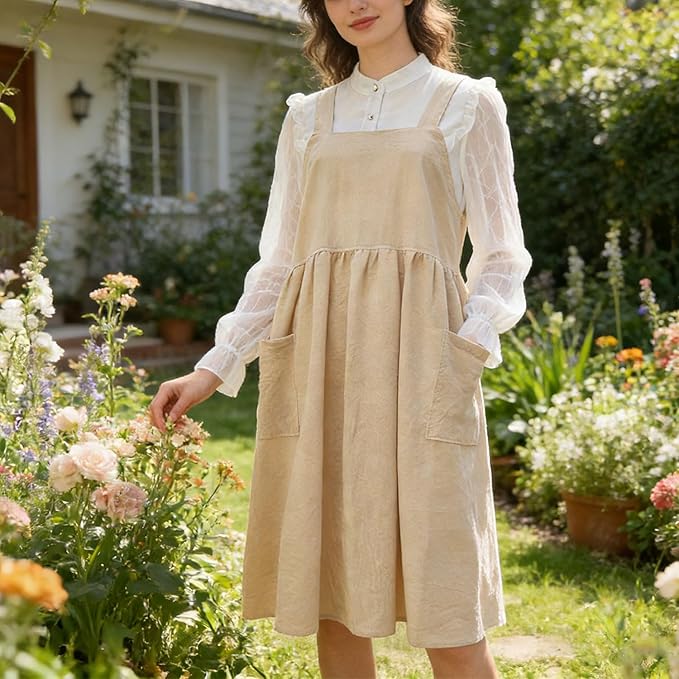 Uaussi Cotton Linen Apron Cross Back Work Apron for Women with Pockets Pinafore Dress X Cross Halter Apron for Chef Gardening