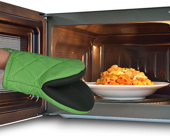 Short Oven Mitts, Heat Resistant 500°F, Silicone Grip Kitchen Gloves, Non-Slip for Baking, Grilling, BBQ, Machine Washable with Hanging Loop, 2-Pack Set, Dark Green