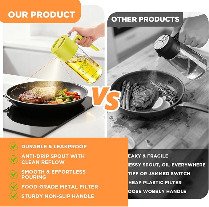 PLAPITATE 17oz/500ml Premium Olive Oil Sprayer for Cooking, 2 in 1 Glass Olive Oil Dispenser Bottle for Kitchen Gadgets, Spray Bottle with Portion Control for Salad, Frying, BBQ (Lime Yellow)