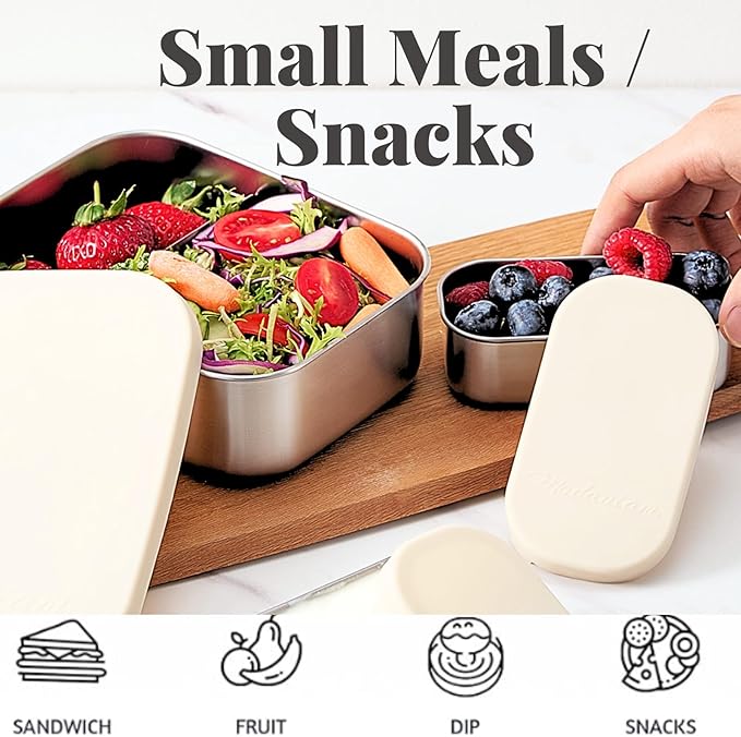 Modaniam Stainless Steel Lunch Box Containers, 27 OZ, Stainless Steel Bento Box, Metal Lunch Box, Sandwich & Snack Containers, Leak Proof SIlicone Lids, Korean Style,Small Vanilla