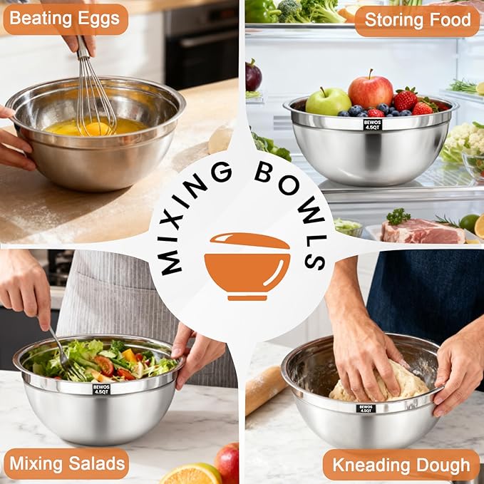BEWOS 21 Pcs Mixing Bowls with Lids - 7 Stainless Steel Bowls, 3 Graters, 11 Practical Kitchen Accessories, Dishwasher Safe, Ideal for Baking, Meal Prep & On-the-Go, Easy to Store