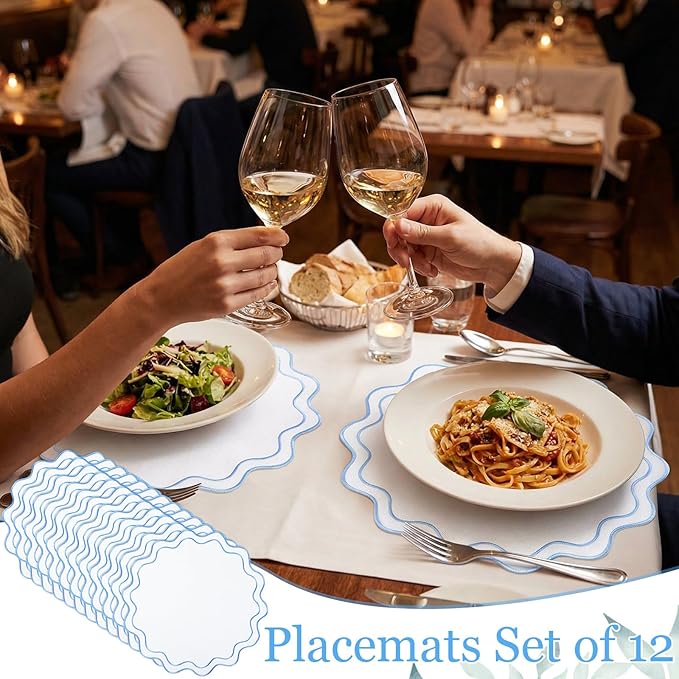 Set of 12 Cotton Linen Placemats, 15x15 Scalloped Flower Embroidery Cloth Table Mats Double Layered Fabric Washable Wrinkle Free Dining Placemat for Restaurant Kitchen Decor(White with Blue)
