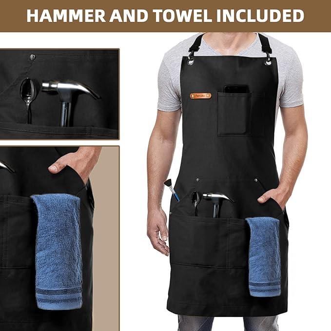 Professional Work Chef Apron for Men Women, Duty Water-Resistant Cotton Canvas, Durable Adjustable, Cooking BBQ