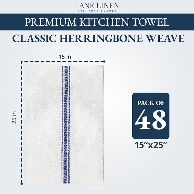 LANE LINEN Kitchen Towels Bulk Set - 100% Pure Cotton Dish Towels for Kitchen, Super Absorbent Kitchen Hand Towel, Blue Tea Towels, Soft & Durable Dish Cloths, Pack of 48 – 15”x25”, Blue Stripe