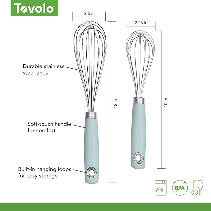 Tovolo Wire Whisk Set of 2 for Baking Cooking Mixing Whisking, 10” & 12” Inch Stainless Steel Wire Kitchen Whisk Set Balloon Design Sturdy Comfort Grip Handle BPA Free Dishwasher Safe, Blue Haze