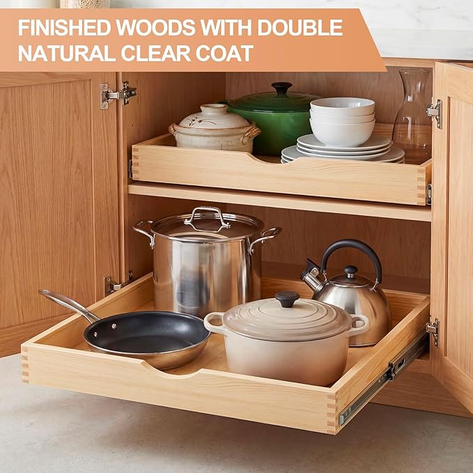 Sintuff 4 Pack Wooden Pull out Tray Cabinet Organizer Gentle Close Roll out Shelves for Kitchen Cabinets Fully Assembled Slide Pantry Shelves (24'' X 21'')
