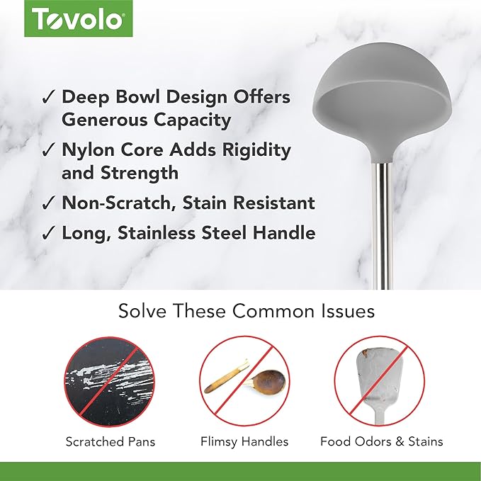 Tovolo Silicone Ladle With Stainless Steel Handle Deep Soup Ladle for Cooking Canning Serving Soup Punch Stew Sauce, Large Kitchen Utensil Spoon Dishwasher Safe BPA Free Silicone Oyster Gray