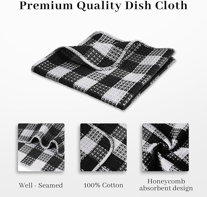 Blue Needles Set of 8 Waffle Weave Check Plaid Dish Cloths, 12x12 Inches 100% Cotton Dish Towels for Kitchen, Ultra Soft & Absorbent Kitchen Towels for Quick Drying Spring Summer - Black & White