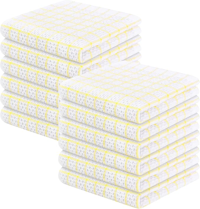 Homaxy 100% Cotton Dish Cloths, 12 Pack-12 X 12 Inches, Check Design Waffle Weave Dish Rags for Washing Dishes, Ultra Absorbent and Fast Drying Dishcloths, Yellow