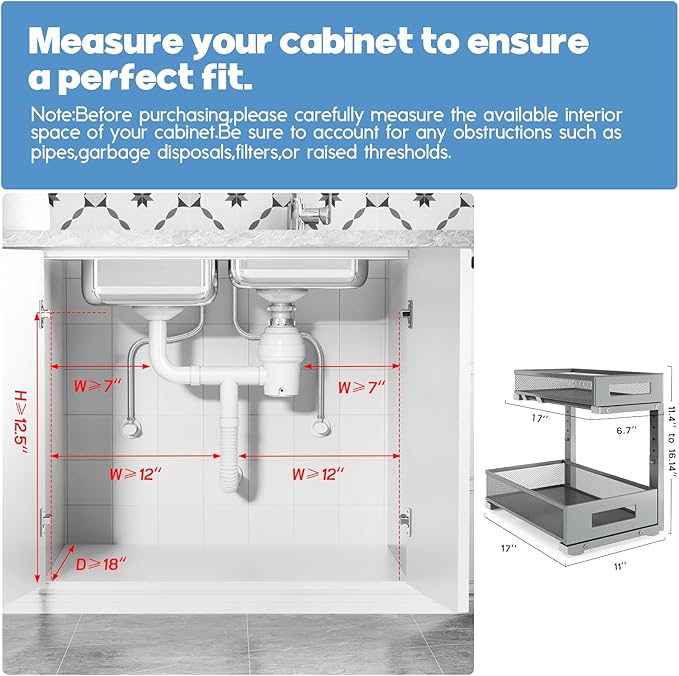 2 Pack 17IN Depth Under Sink Storage Organizer, Large 2-Tier Elegant Mesh Pull Out Shelf for Kitchen and Bathroom Cabinet Organization, L-Shaped and Adjustable Height Design-Gun Gray