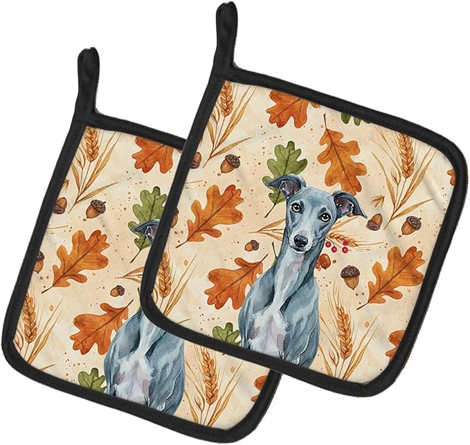 Caroline's Treasures Blue Whippet Heirloom Fall Pair of Pot Holders Pair 7.5x7.5 Quilted Insulated Hot Pads Decorative Kitchen Gift Made in USA