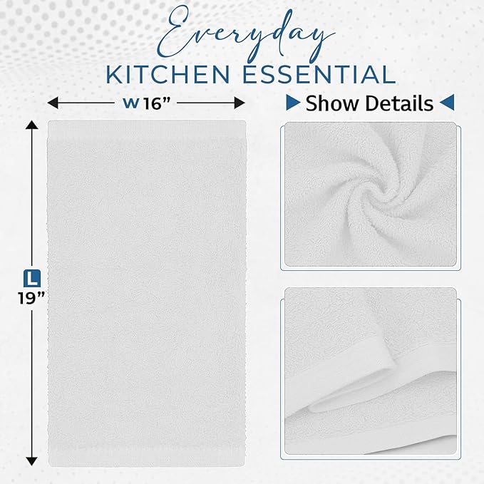 DAN RIVER Kitchen Bar Mops,Pack of 12,16 by 19 Inches,100% Cotton Super Absorbent,Multi-Purpose Cleaning Towels for Home and Kitchen Bars-White
