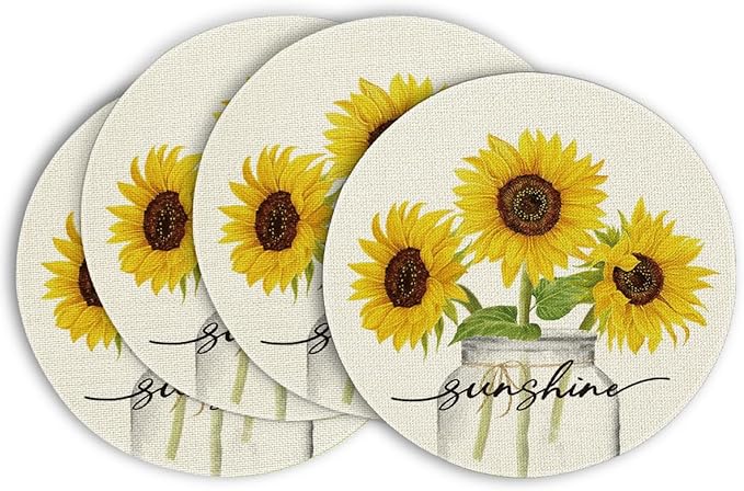 Artoid Mode Buffalo Plaid Sunflower Sunshine Vase Round Summer Placemats Set of 4, 14 Inch Spring Fall Table Mats for Dining Decoration