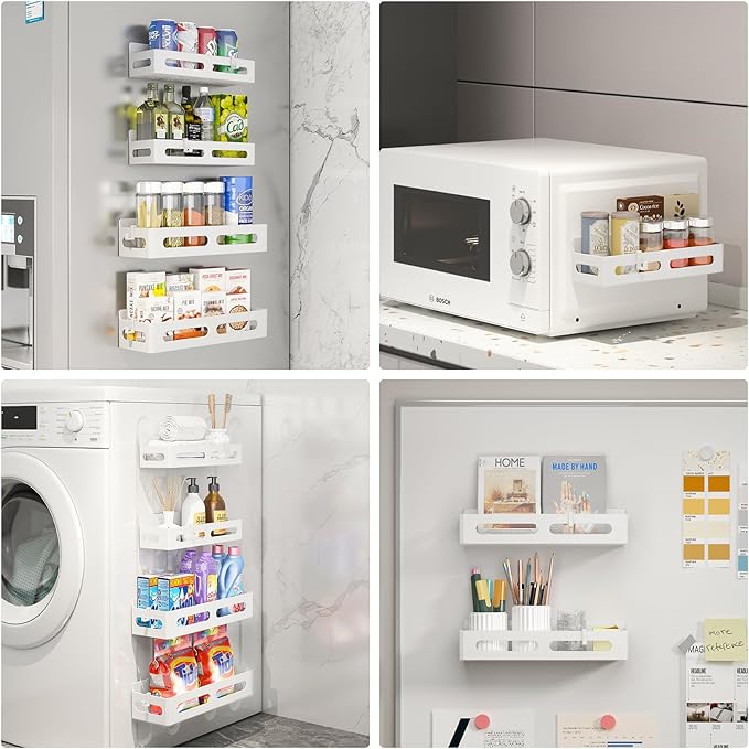 Sevenblue 2 Pack Strong Magnetic Spice Rack for Refrigerator, Multipurpose Magnetic Shelf for Fridge with 4 Hooks for kitchen and Bathroom Organization, White