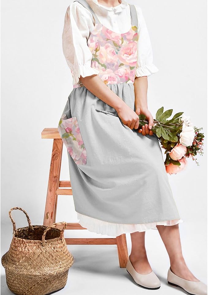 Uaussi Cotton Linen Apron Cross Back Work Apron for Women with Pockets Pinafore Dress X Cross Halter Apron for Chef Gardening