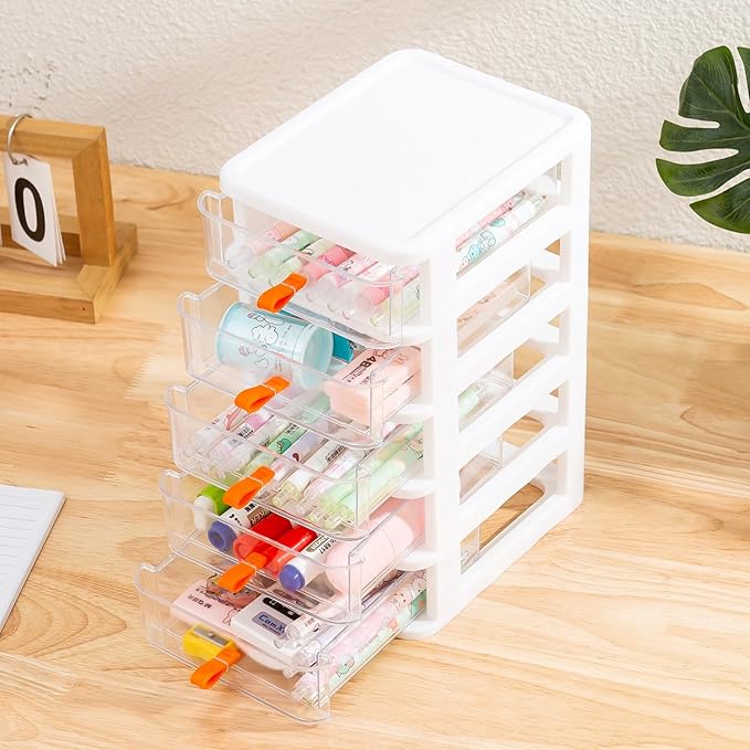 Gagee 5 Drawer Mini Stackable Storage Drawers,Plastic Dressers with Drawers for Arts and Crafts, Small Tools, Sewing Accessories, Stationary, and Hardware,Clear/White Frame