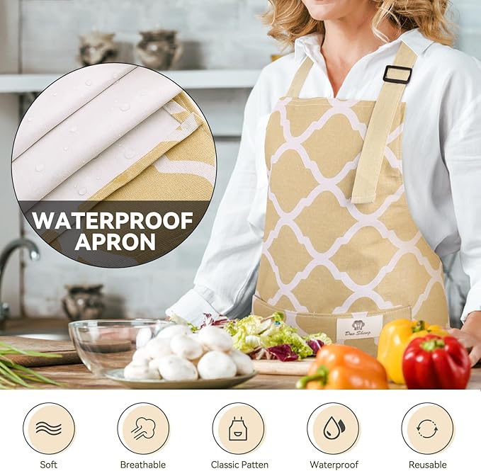 2 Pieces Aprons for Women with Pockets, Cotton Linen Waterproof Kitchen Cooking Aprons, Chef Apronfor Men Women with Adjustable Neck Strap and Long Ties(Yellow/Green)