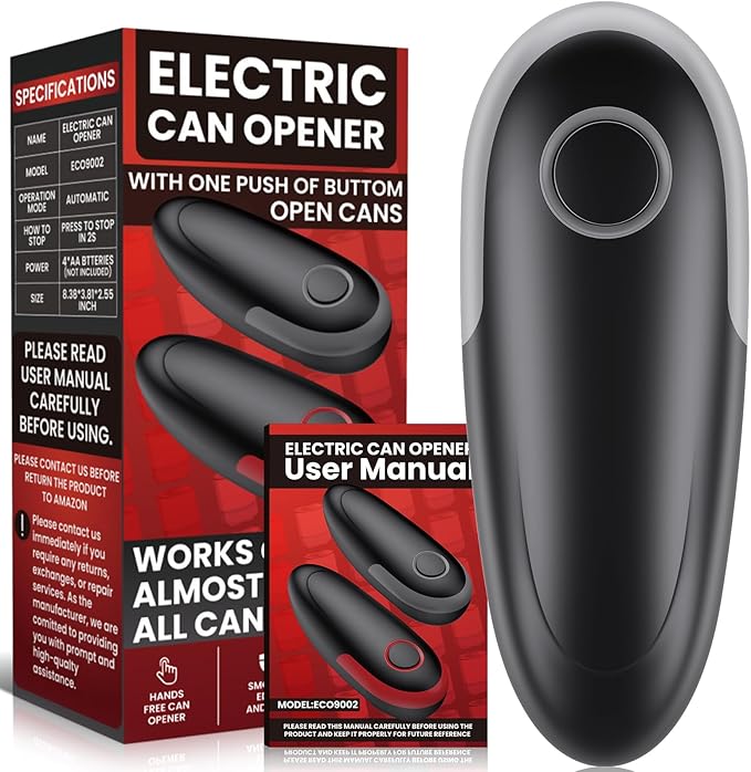 One Touch Electric Can Opener Fits All Can Sizes, Electric Can Openers for Kitchen Food Safe with Smooth Edge, Kitchen Gadgets Battery Operated Can Openers for Seniors, Arthritis and Chef Black+Grey