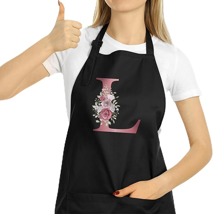ROKO CLOTHING Personalized Initials Apron with Pockets Custom Kitchen Aprons Women for Baking Cooking Adjustable Neck Waist