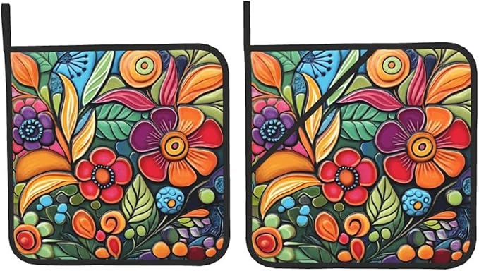 Colorful Boho Florals Pot Holders Set of 2 Kitchen Decorative Heat Resistant Potholder Cotton Lining Oven Hot Pads for Cooking Baking Microwave Oven End Dishes BBQ Holiday Decors
