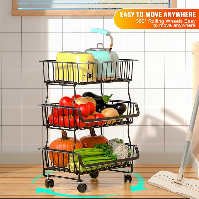 Gsiekare 3-Tier Rolling Pantry Organizer and Storage Cart with Wheels – Stackable Wire Snack Cart for Kitchen, Pantry Shelves and Storage Rack for Fruit, Vegetables, Onion, Potato (1 Pack)