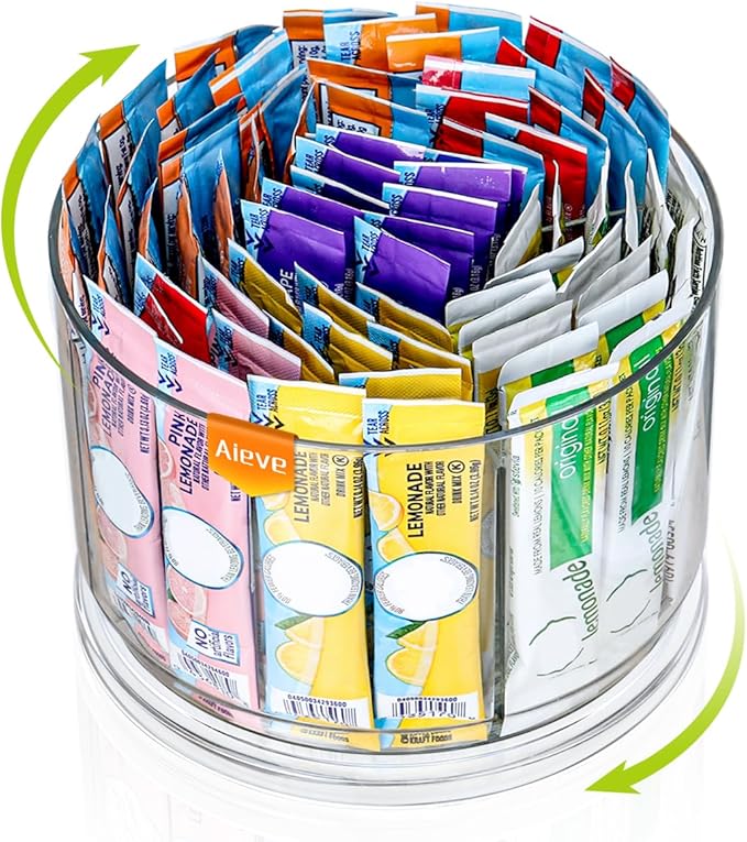 AIEVE Drink Packet Organizer, 360° Rotating Lazy Susan Turntable Powdered Drink Mix Holder, Acrylic Water Packet Container for Pantry Organizer Kitchen Storage Organization (Round)