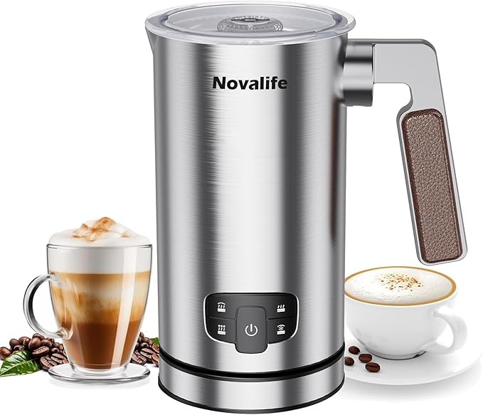Novalife Milk Frother, 4 in 1 Milk Frother and Steamer with Two Whisks, Frothing Whisk and Heating Whisk, Automatic Warm and Cold Foam Maker for Coffee Latte Cappuccino Macchiato Hot Chocolate Matcha
