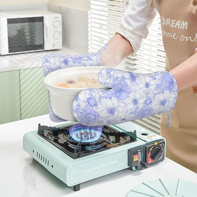 Oven Mitts and Pot Holders Pastel Blue Flower Vintage Silicone Kitchen Accessories Set of 2 Heat Resistant Long Gloves Potholder Non-Slip Grip for Chef Cooking,Baking,Grilling,BBQ