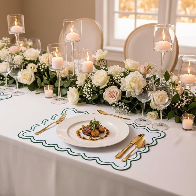 HunnmingRe Set of 6 Cotton Linen Placemats, 13x19 Inch Scalloped Wavy Embroidery Placemat Double Layered Washable Rustic Rectangle Dinner Table Mats for Wedding Home Decor(White with Dark Green)