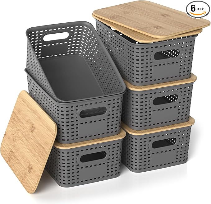 Plastic Storage Baskets with Bamboo Lids, Stackable Small Box Bins for Organizing and Containers for Shelves Drawers Desktop Closet Pantry Classroom Office Home, 6 Pack 10.2x7.2x4.1 Inch, Gray