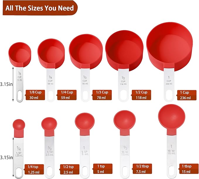 Measuring Cups and Spoons Set of Huygens Kitchen Gadgets 10 Pieces, Stackable Stainless Steel Handle Measuring Cups for Measuring Dry and Liquid Ingredient (Red)